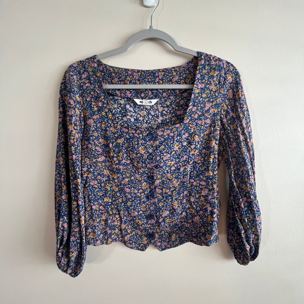 Rolla's Roxanne Coast floral blouse S navy ditsy button front balloon cropped‎